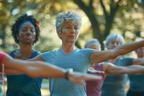 Multiethnic middle-aged yoga class practicing breathing exercises and stretching arms in a park