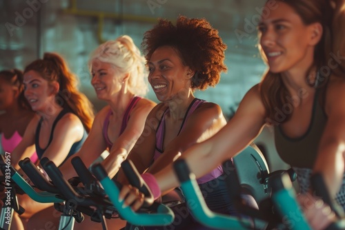 Diverse group of women of various ages and races participating in a group fitness class, cycling on stationary bikes at the gym