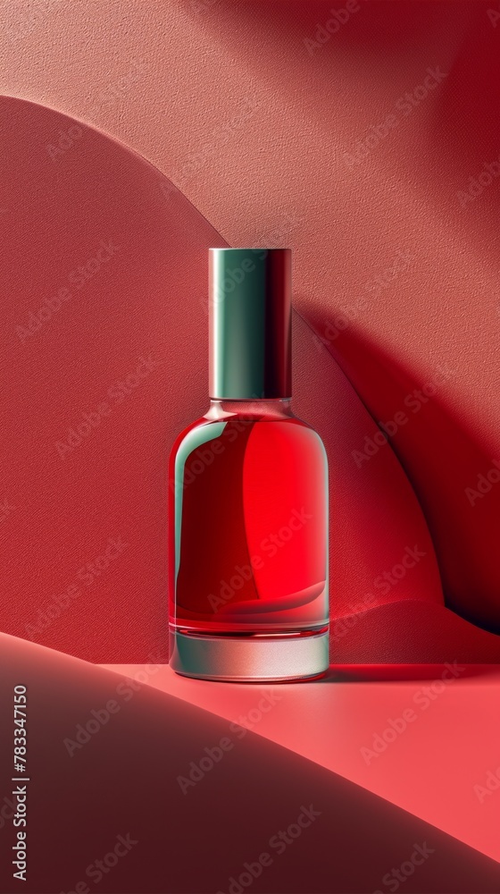 Bold and sophisticated perfume flacon presented with a striking red circular geometric background.