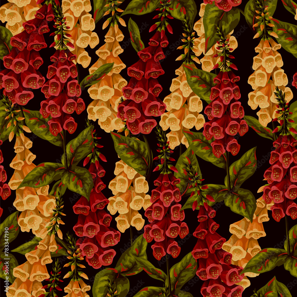 Seamless pattern with foxglove flowers. Vector. - obrazy, fototapety, plakaty 