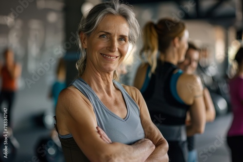 A woman in a gym standing confidently with her arms crossed, showcasing her active lifestyle