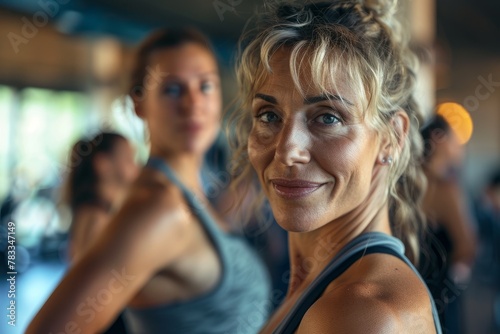 Middle-aged women candidly expressing their active lifestyle in a fitness studio, standing next to each other