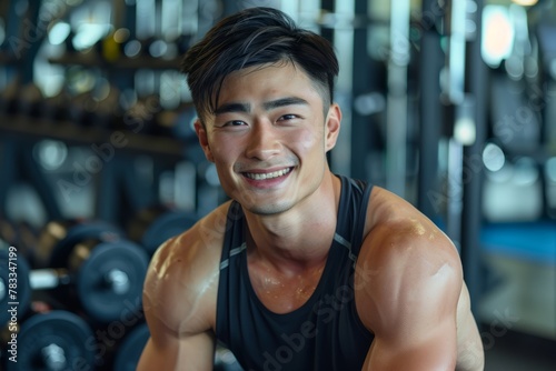 Muscular asian man in sportswear fitness trainer smiling and looking at the camera with a barbell in a gym setting © Elmira