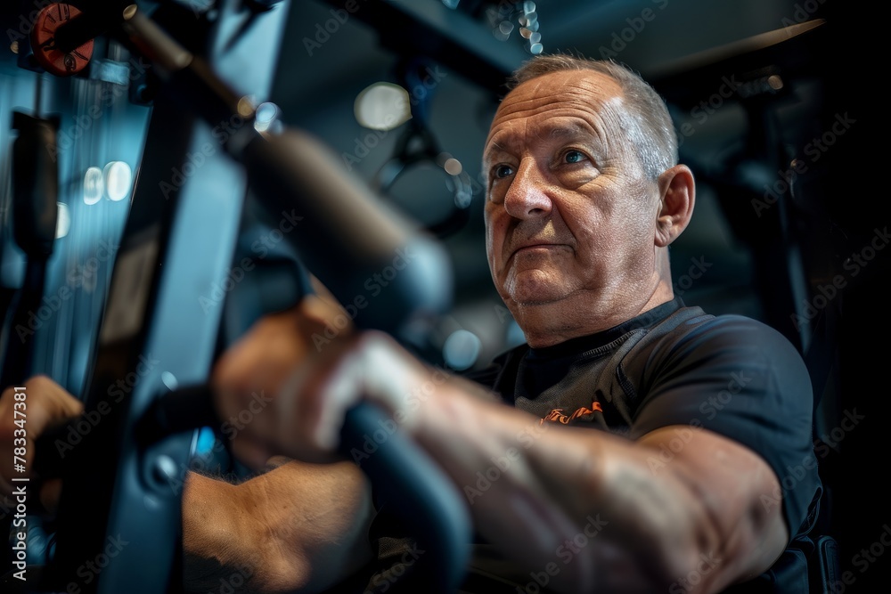 A man in a black shirt is exercising on a gym machine as part of his fitness routine A man in a black shirt is exercising on a gym machine as part of his fitness routine
