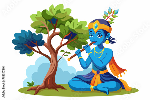 Hindu god Krishna sitting under a tall tree with flute on an isolated white background