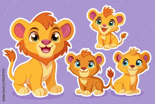 Set of stickers with cute lion cubs, funny icons, all lions individually, vector