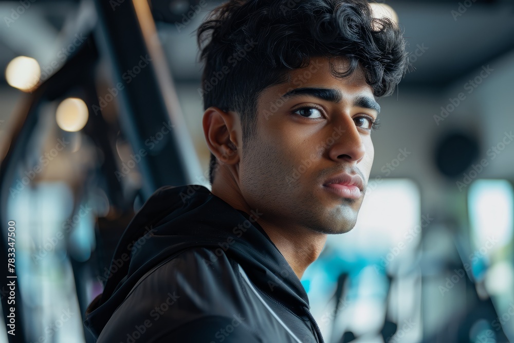 Fototapeta premium A young Indian man in a black jacket is working out in a gym