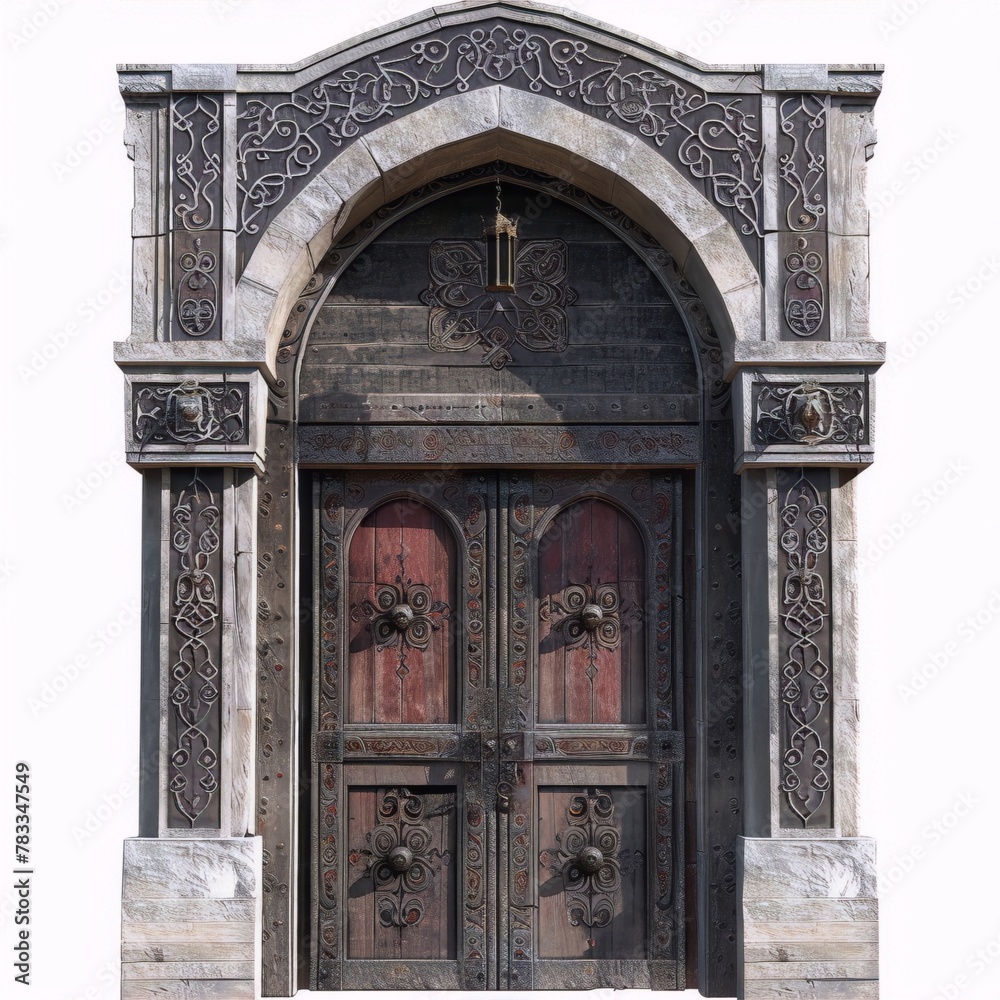 ornate wooden door with intricate carvings and metal accents set in a grand stone archway