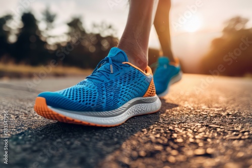 A close-up view of a persons running shoes while running on a road during sunrise, emphasizing fitness and wellness concepts