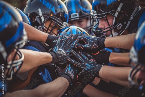 A group of teenage boys from a high school football team are connecting hands in a huddle on the field