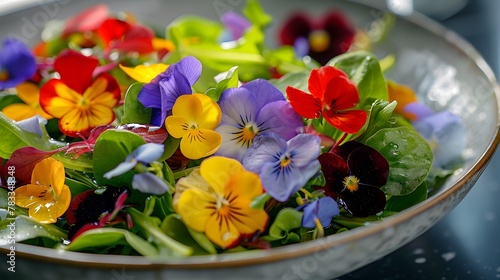 Vegan Gourmet Cuisine: Salad Bowl Adorned with Fresh Viola Blossoms