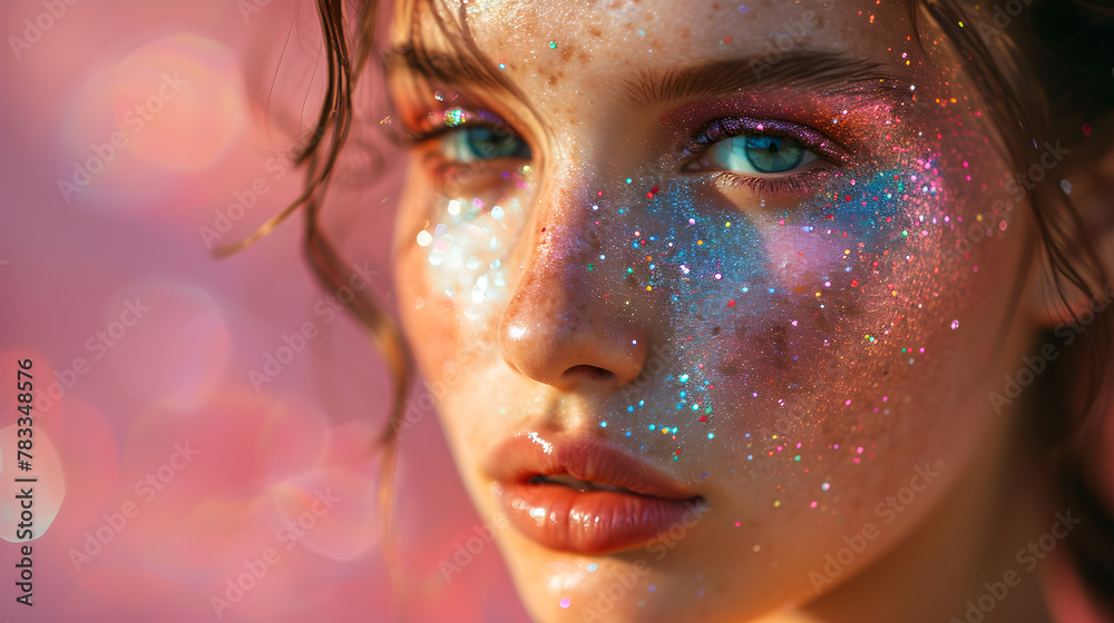 Party mack up with glitter, close-up red-haired girl's facial features. Generative AI Party mack up with glitter, close-up red-haired girl's facial features. Generative AI