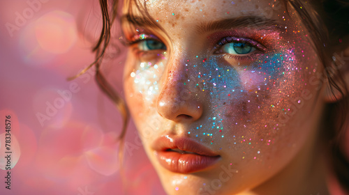 Party mack up with glitter, close-up red-haired girl's facial features. Generative AI photo