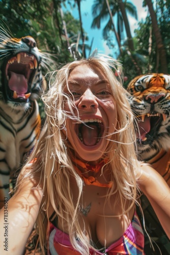 A thrilling action shot of a woman surrounded by roaring tigers amidst a lush jungle backdrop captures the essence of adventure and wildlife © Vuk