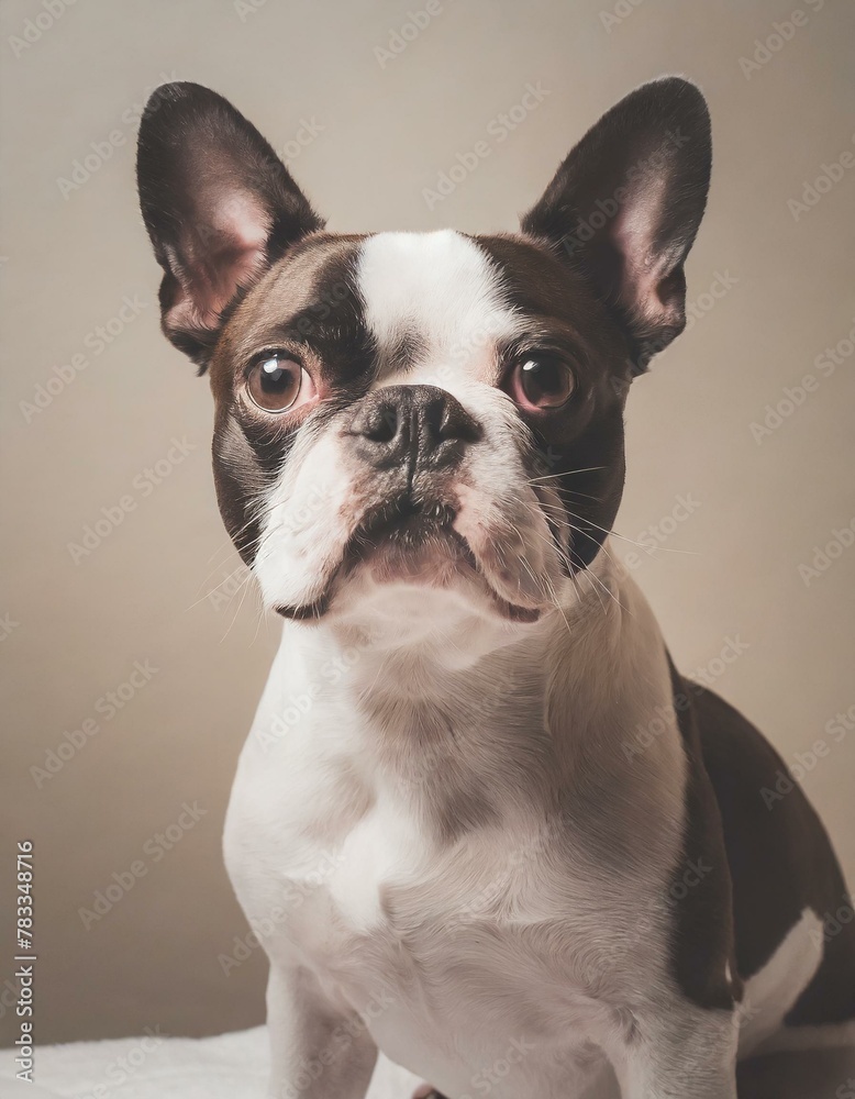 A  studio dog portrait of a Boston terrier against a neutral studio backdrop; neutrals color palette, high fashion pet photography with filtered lighting