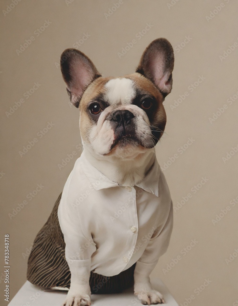 A whimsical studio dog portrait of a wearing clothing including a against a studio backdrop; neutrals color palette, high fashion pet photography with filtered lighting