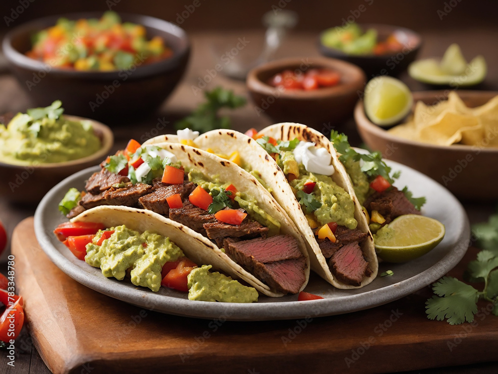 A savory taco plate with grilled beef fresh vegetables and guacamole A savory taco plate with grilled beef fresh vegetables and guacamole