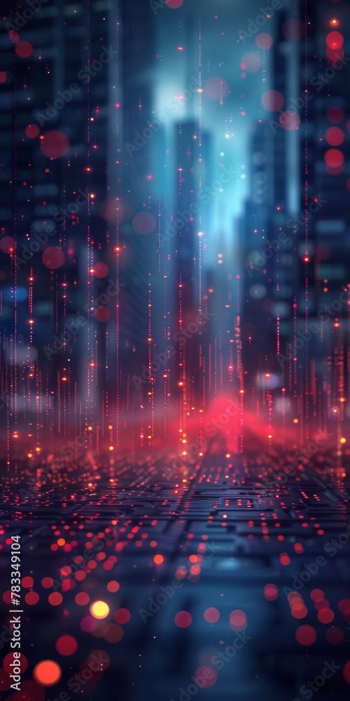 A scene reminiscent of cyberpunk aesthetics, showing a digital rain pouring down on a virtual cityscape It resonates with themes of data overflow