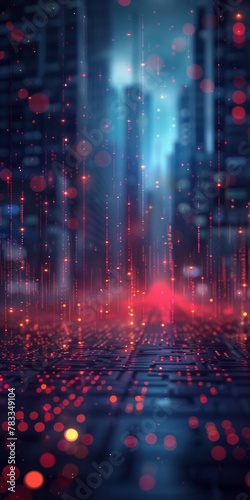 A scene reminiscent of cyberpunk aesthetics, showing a digital rain pouring down on a virtual cityscape It resonates with themes of data overflow