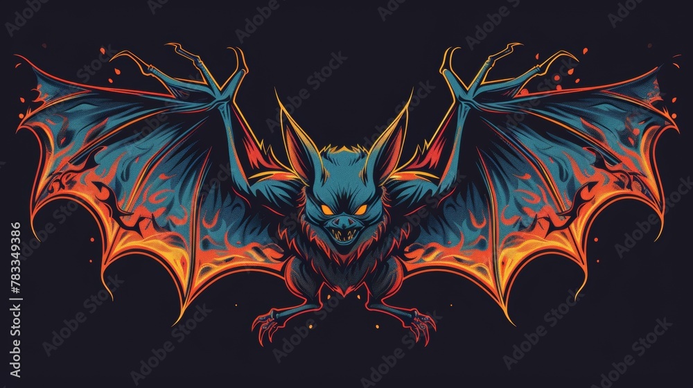 A bat with orange and blue wings on a black background. A magical creature made of fire. A bat with orange and blue wings on a black background. A magical creature made of fire.