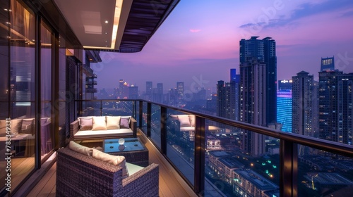Capturing the essence of urban life, this balcony offers a panoramic view of the city skyline at sunset photo
