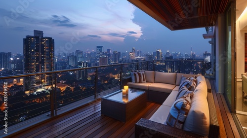 This image showcases a twilight scene from a balcony offering a breathtaking city view and serene atmosphere © Vuk