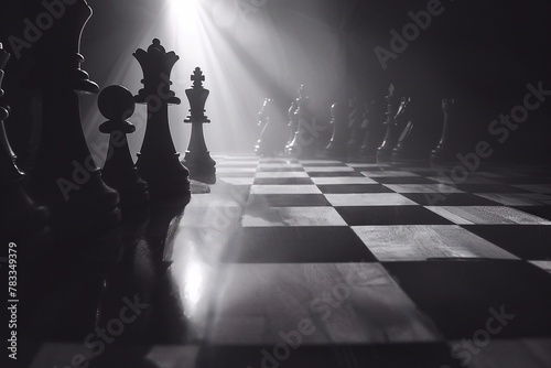 Chess figures on a dark background with smoke and fog. Chess board game concept of business ideas.