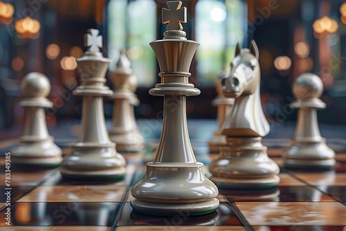 White chess pieces on a chessboard, close-up of chess pieces.