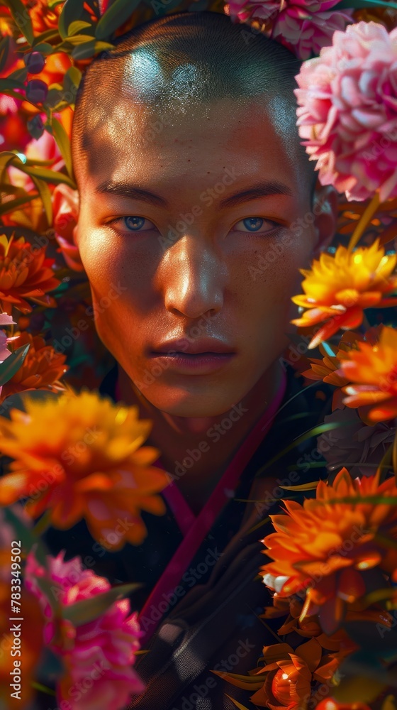 A striking image of a man surrounded by lush, colorful flowers, exuding a sense of mystery