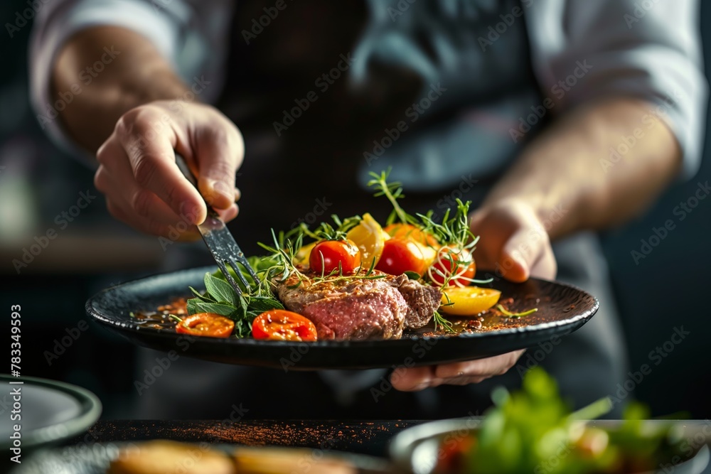 A professional chef is meticulously adding garnish to a succulent steak dinner plate surrounded by fresh vegetables