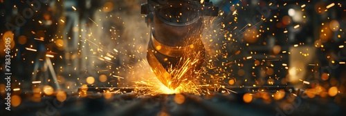 A dynamic display of metal cutting with a machine emitting bright orange sparks in an industrial setting photo