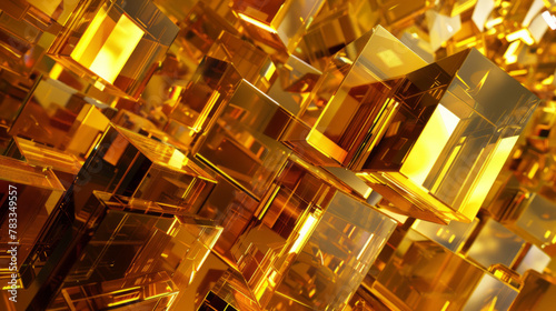 Abstract 3D gold crystal background with glass cubes and captivating light reflections. © ImageHeaven