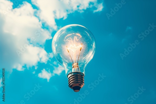 A clear, illuminated light bulb floats in the bright blue sky, representing creativity and inspiration