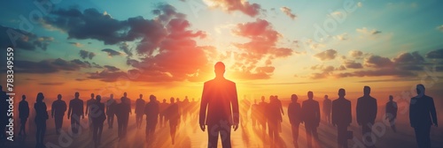 The striking silhouette of a person stands before a crowd, set against an inspiring sunset backdrop photo