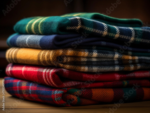 Tartan Scarfs in a Stack, luxury cashmere textured fabric with plaid pattern in stacking background. 