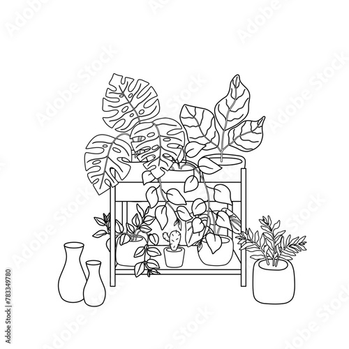 Indoor houseplants in pots on stand. Sketch, outline monster cactus home decor. Vector illustration with editable stroke for coloring book and design.