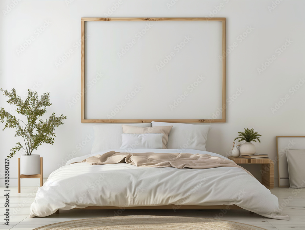 Mockup frame in bedroom, Entire room visible. 3d render. Mockup frame in bedroom, Entire room visible. 3d render.