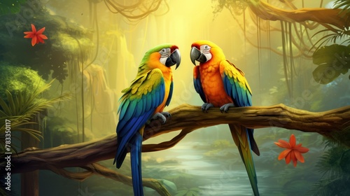 Tropical bird scene portrayed through a watercolor drawing, featuring two parrots on a branch, symbolizing the lively spirit of wildlife in nature.