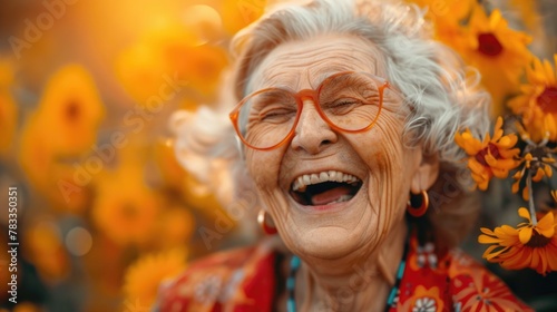 An elderly woman laughing contagious, radiating warmth and happiness. World Laughter Day.