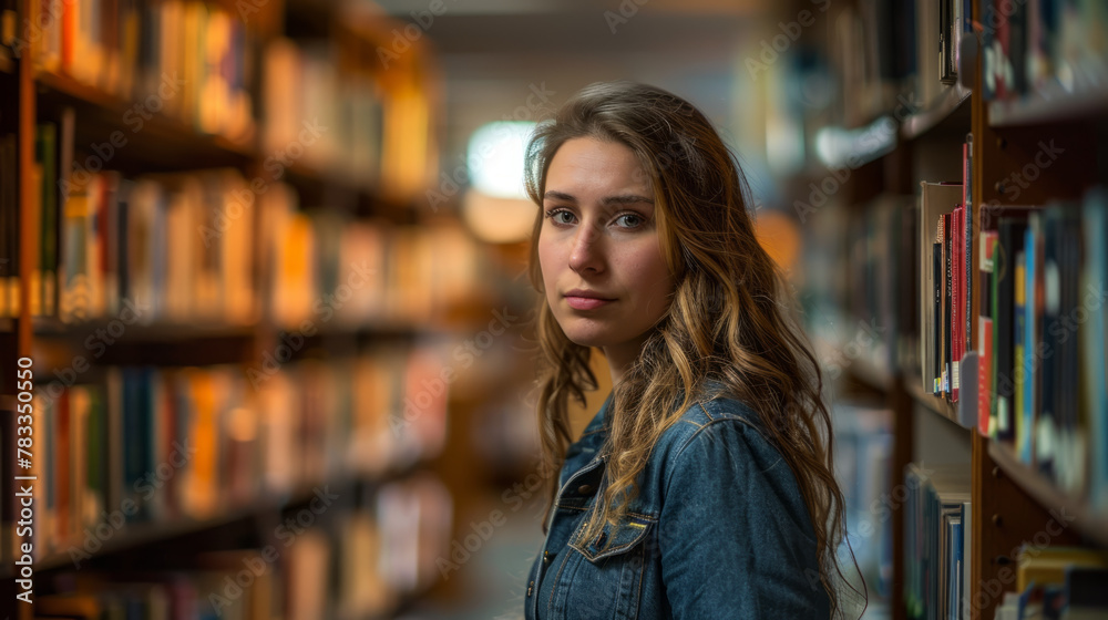Librarian by Bookshelves in Quiet Library Librarian by Bookshelves in Quiet Library