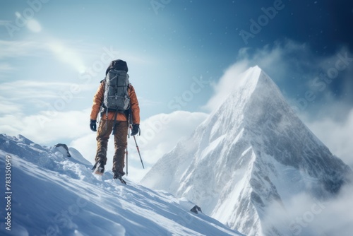 Embrace the beauty of nature: a lone adventurer with a backpack on a sun-drenched snowy summit, a conqueror of peaks.