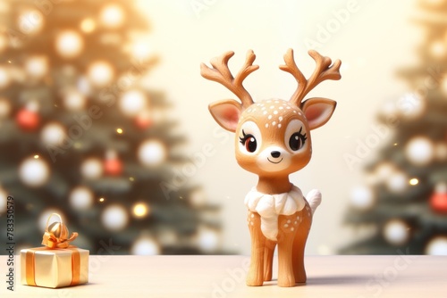 Christmas charm: a miniature deer figurine on a light backdrop, surrounded by a festive Christmas tree.