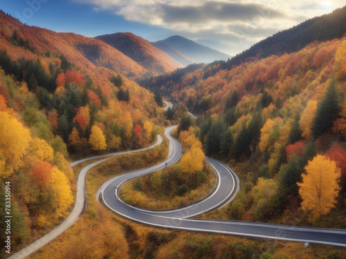 Autumn winding secondary road in the mountain forest