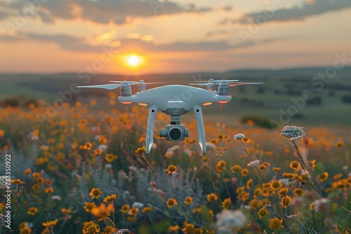 Drone Flying at Sunset over a Field of Wildflowers. photo