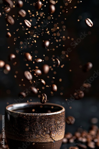 A coffee cup overflowing with coffee beans