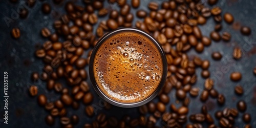 A glass of coffee surrounded by coffee beans
