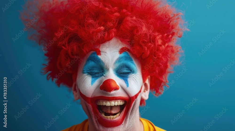 A clown with red hair and a white face expressing a loud laugh, set against a vivid blue background, depicting humor and fun. World Laughter Day. World Circus Day