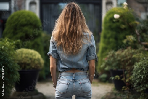 A long-haired blonde in jeans, seen from behind, stands against a background of greenery.