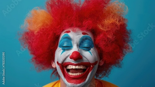 A clown with red hair and a white face expressing a loud laugh, set against a vivid blue background, depicting humor and fun. World Laughter Day. World Circus Day