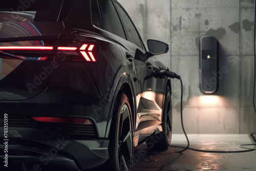 Close-up view, of an Black electric vehicle undergoing charging.